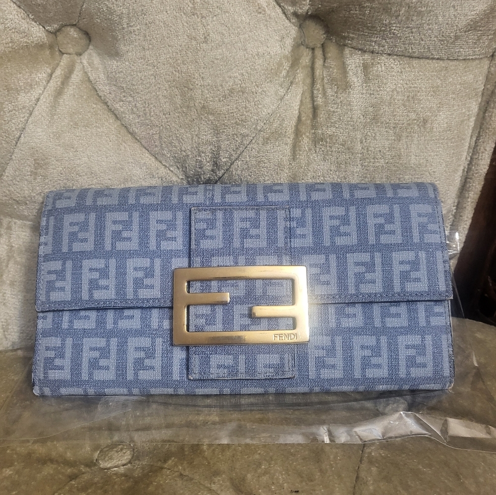 (SOLD)Authentic Fendi Blue laminated denim mono long wallet. - Picture 1 of 11